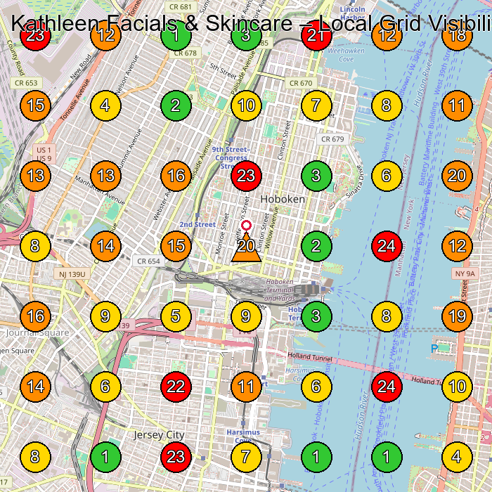 Kathleen Facials & Skincare Facial Spa GeoGrid ranking map for Jersey City NJ